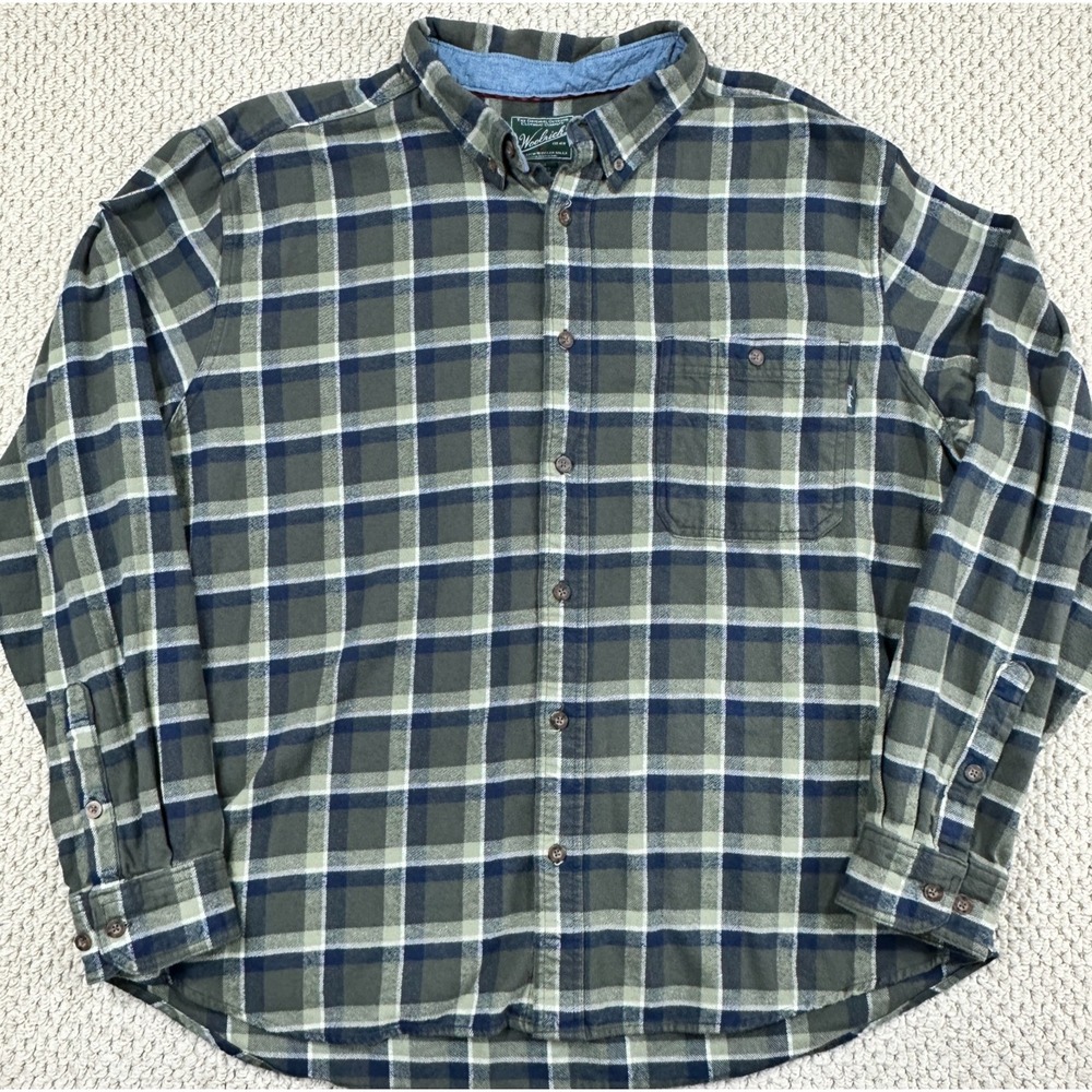 Woolrich Flannel Shirt Mens 2XL Olive Green/Navy Plaid Long Sleeve Button Down
